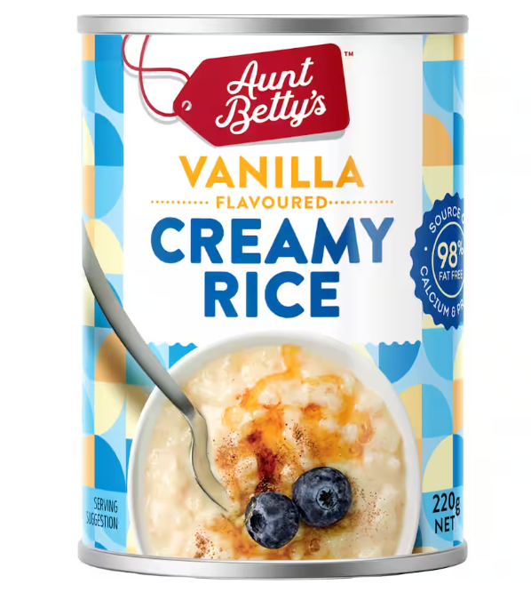 Aunt Bettys Rice 2 Go Creamed Rice Vanilla Creamy Rice 220g